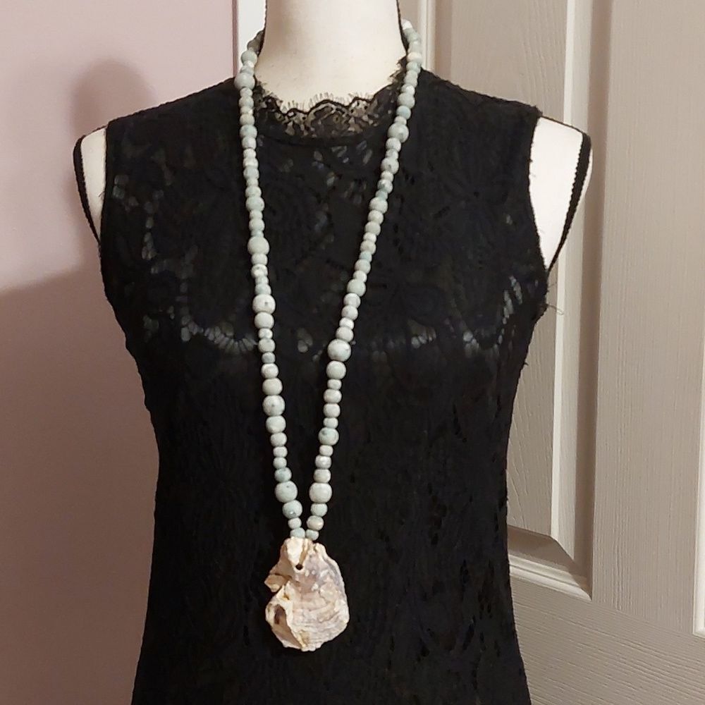 Hand Painted Clay Beads? with Chunky Rough Raw Shell Pendant Exotic Necklace